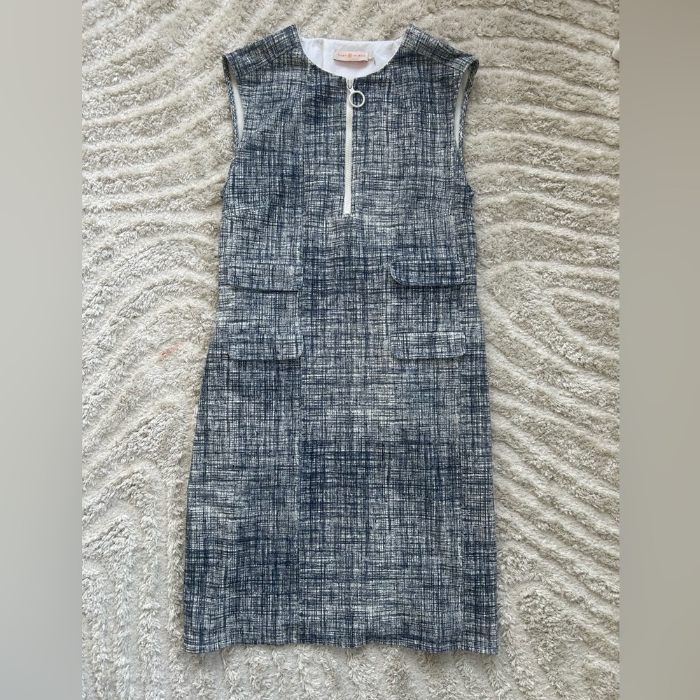 Tory Burch Navy and White Textured Tweed Midi Shift Dress